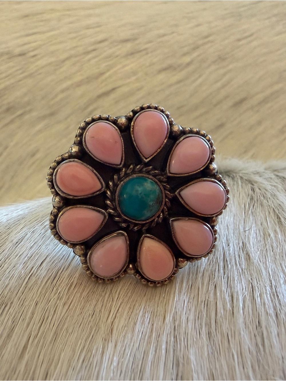 ❤️ Queen Pink Conch & Kingman Turquoise Sterling Floral Cluster Sz 9 Ring 13G